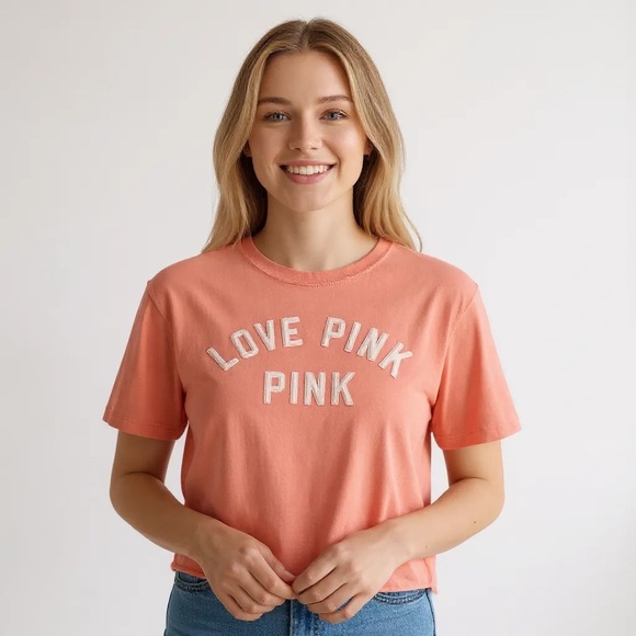 PINK Victoria's Secret Tops - PINK Victorias Secret M Pink White Love Pink Tee Cropped Embroidered Logo R $35